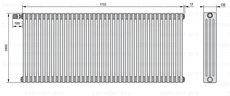 Схема (чертеж) Радиатор Zehnder Charleston 4280/37 №V012 Белый глянцевый RAL 9016